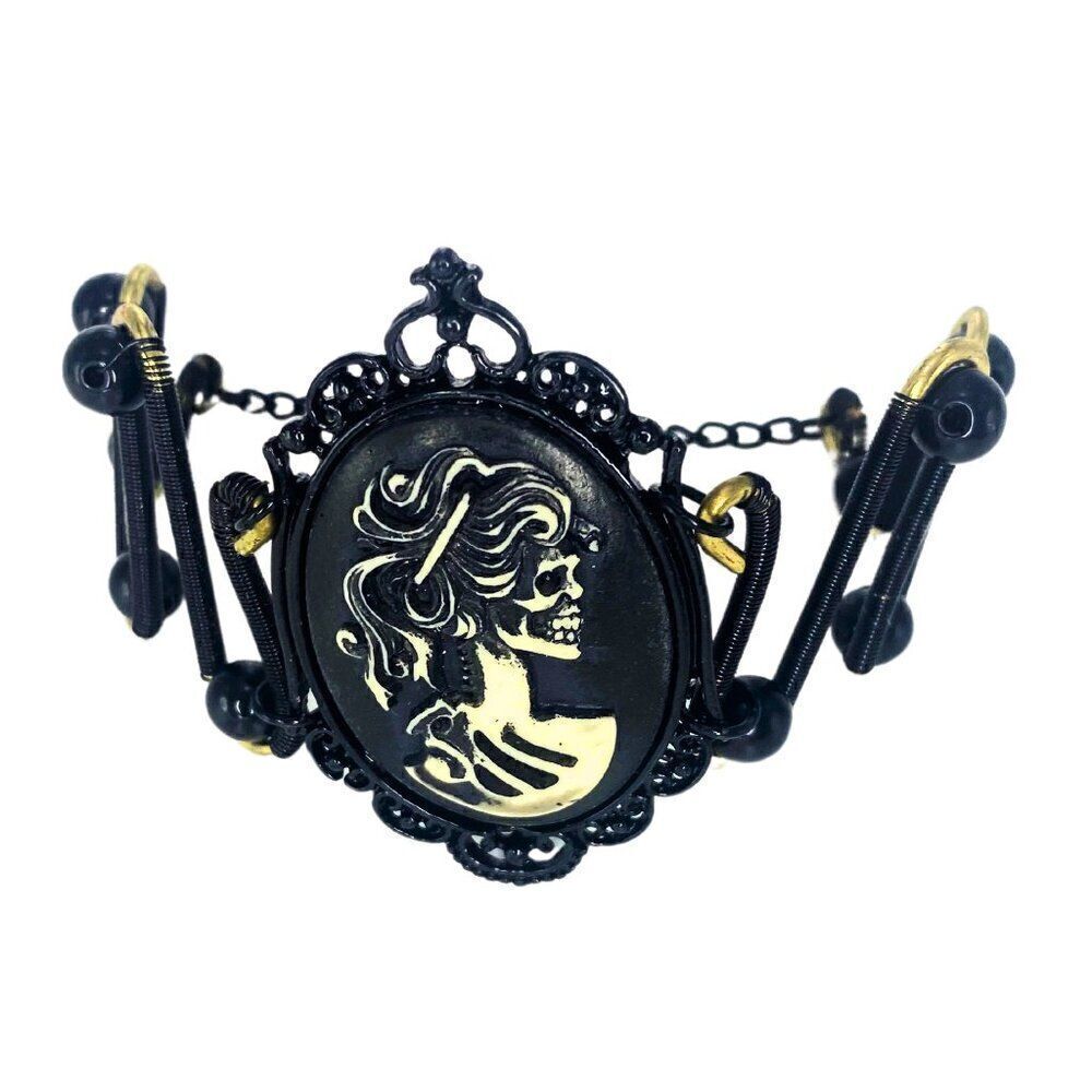 NEW Victorian Gothic Skeleton Ivory Lady Spooky Cameo Black Adjustable Bracelet